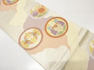 丸に向かい鶴・桐・菊模様織り出し　袋帯